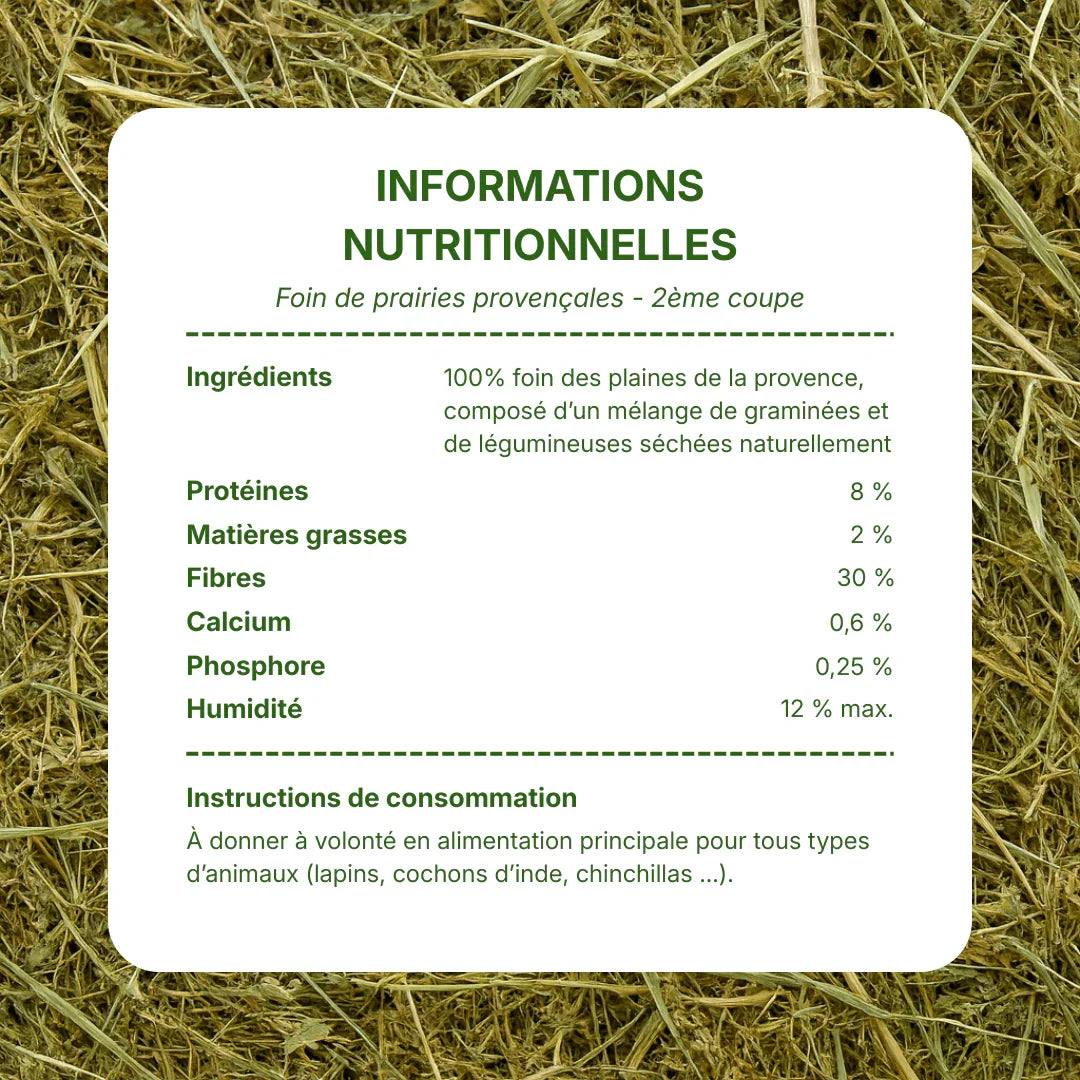 Informations nutritionnelles du foin de prairies provençales 2ème coupe pour lapins et petits rongeurs