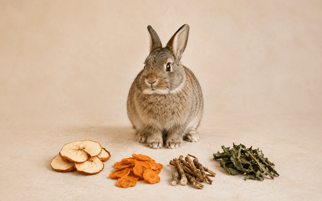Lapin avec des feuilles, fleurs et racines séchées utilisées comme friandises naturelles