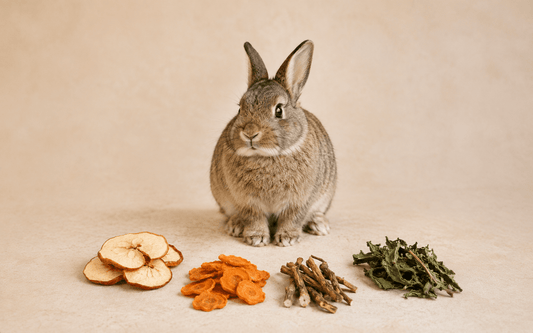 Lapin avec des feuilles, fleurs et racines séchées utilisées comme friandises naturelles