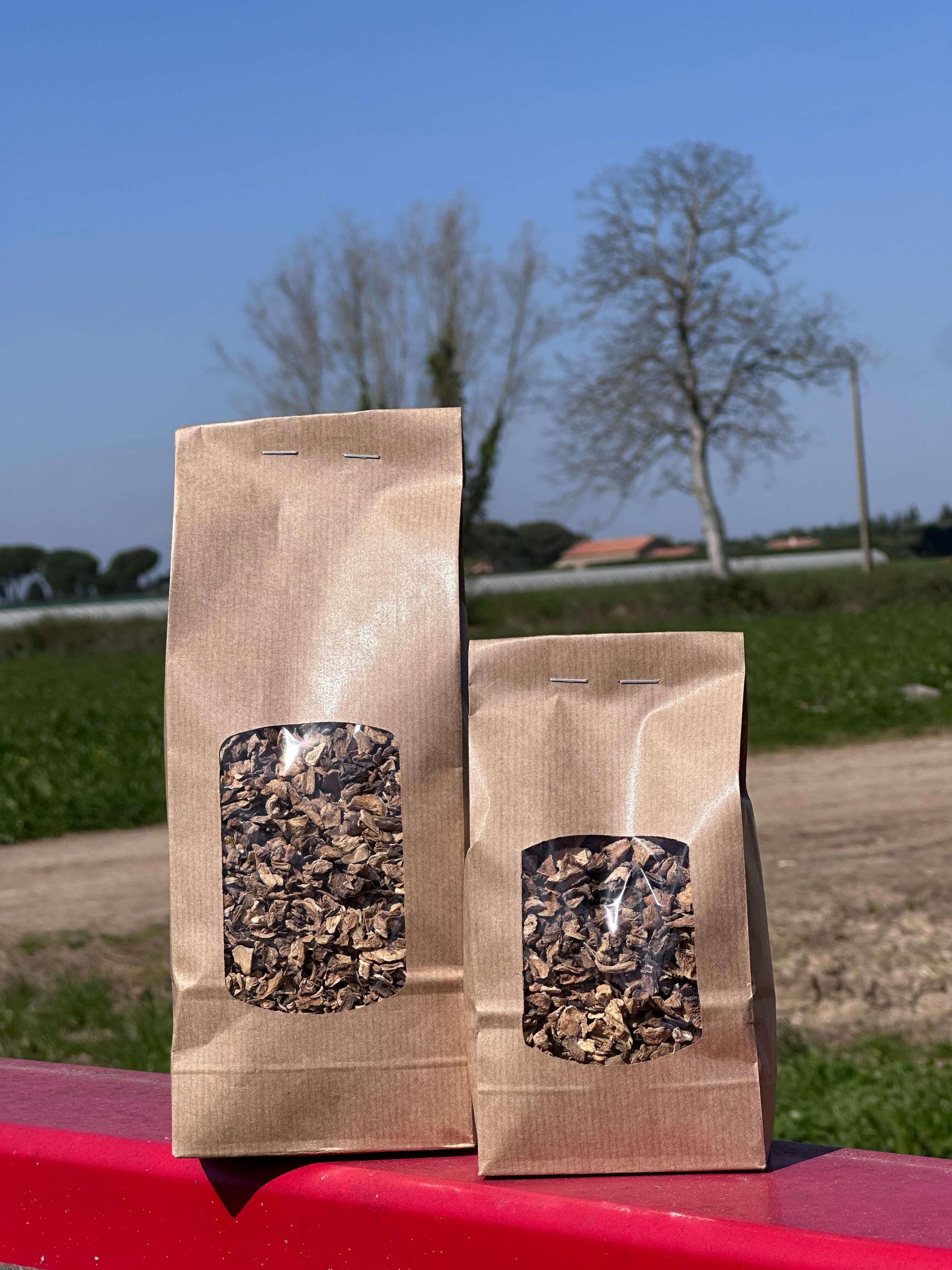 Deux sachets en papier kraft remplis de friandises naturelles pour rongeurs, posés en extérieur.