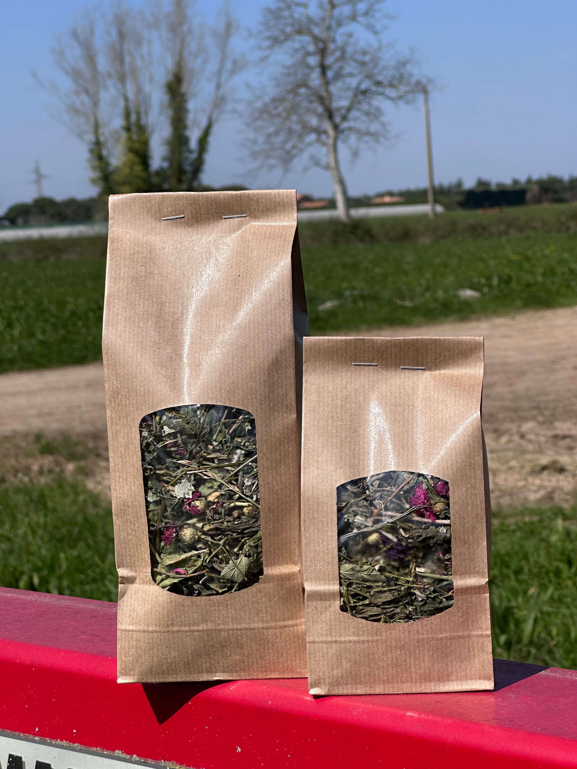 Deux sachets de mélanges de fleurs et herbes séchées pour petits rongeurs en extérieur