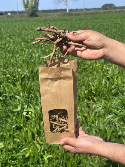 Bâtonnets de racines séchées pour rongeurs, présentés en sachet kraft, à l’extérieur dans un champ de verdure.